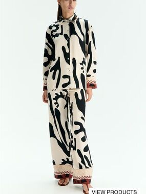 H&M Black and Cream Abstract Print Button-Up Top